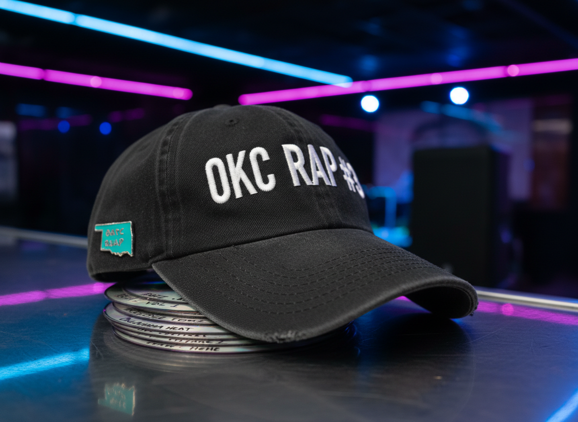 A matte-black baseball cap with bold white embroidery that reads “OKC RAP #3” sits atop a small stack of burned demo CDs labeled in silver marker with playful titles and “HeHe” notes. The cap’s fabric shows slight wear at the brim, suggesting constant use, and a tiny enamel pin of an Oklahoma-shaped icon adds local flair. The stack rests on a chrome bar counter inside a dim, neon-lit venue, with blurred colored lights and a stage monitor visible in the distant background. Cool blue and magenta stage lights reflect subtly off the chrome and CD surfaces. Shot at eye level in photographic realism using the rule of thirds, the mood is ambitious, humorous, and proud of being an underdog in the Oklahoma City rap scene.