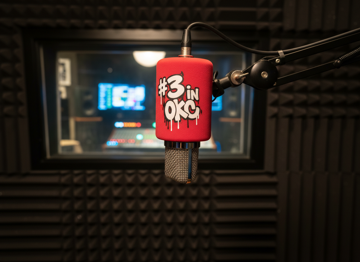 A glossy silver studio microphone with a bright red foam cover that reads “#3 in OKC” in playful graffiti-style lettering, mounted on a sturdy black boom arm. Behind it, a soundproofed vocal booth is lined with charcoal acoustic foam panels arranged in a rhythmic pattern, with a glass window revealing blurred studio gear and glowing LED meters. Warm golden studio lighting spills across the mic, creating crisp reflections on the metal grille and soft shadows on the arm. Shot at eye level in photographic realism with a shallow depth of field, the mood feels energetic yet focused, capturing the playful confidence of an Oklahoma City rapper about to record a punchline-heavy track.