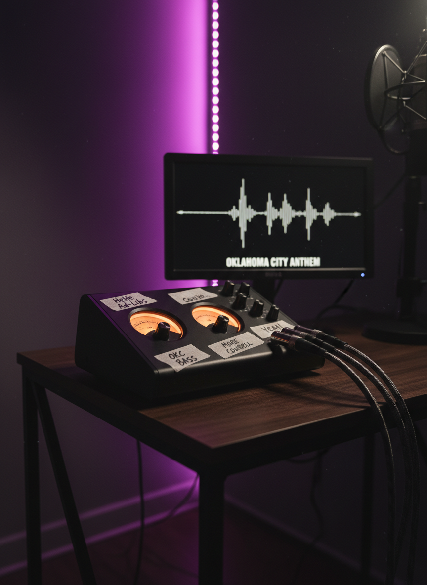 A sleek black audio interface with glowing orange input meters sits centered on a compact desk, its knobs labeled with playful tape tags like “HeHe Ad-Libs” and “OKC BASS.” Thick braided XLR cables snake from the device toward an unseen mic, while a small desktop monitor behind it displays a paused beat with heavy low-end frequencies. The room is lit with moody, dim lighting accented by a strip of vibrant purple LED along the back wall, casting a soft neon halo around the interface. Captured at a dramatic three-quarter angle in photographic realism, with a shallow depth of field that blurs the edges of the desk, the composition feels modern, energetic, and slightly mischievous, hinting at bass-heavy, humorous rap sessions in a DIY Oklahoma City setup.