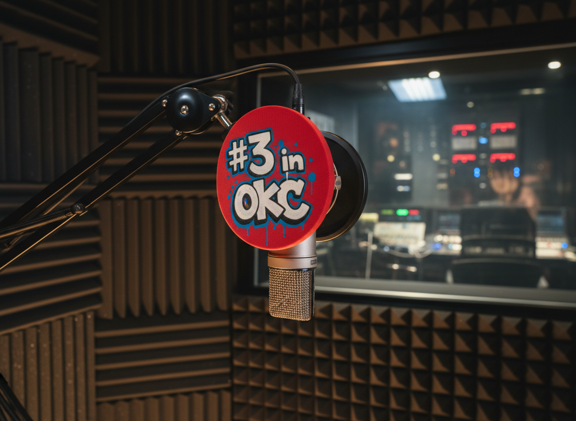 A glossy silver studio microphone with a bright red foam cover that reads “#3 in OKC” in playful graffiti-style lettering, mounted on a sturdy black boom arm. Behind it, a soundproofed vocal booth is lined with charcoal acoustic foam panels arranged in a rhythmic pattern, with a glass window revealing blurred studio gear and glowing LED meters. Warm golden studio lighting spills across the mic, creating crisp reflections on the metal grille and soft shadows on the arm. Shot at eye level in photographic realism with a shallow depth of field, the mood feels energetic yet focused, capturing the playful confidence of an Oklahoma City rapper about to record a punchline-heavy track.