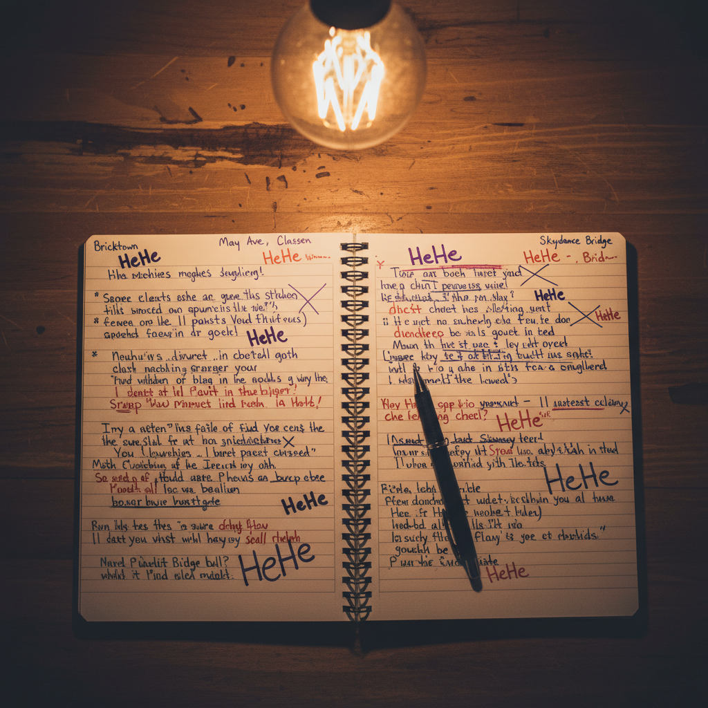 A battered spiral notebook lies open on a worn wooden table, its lined pages crammed with playful punchlines, crossed-out bars, and large scribbled “HeHe” ad-libs in different ink colors. A black ballpoint pen rests diagonally across the page, with ink smudges and slight creases showing heavy use. Small references to OKC landmarks and street names peek through the margins. Overhead, a single warm pendant light casts a focused, circular glow, leaving the rest of the room in soft shadow. Shot from directly above in photographic realism with sharp focus on the handwritten words and a subtle vignette around the edges, the atmosphere feels intimate, humorous, and hungry, capturing the behind-the-scenes grind of writing rap in Oklahoma City.