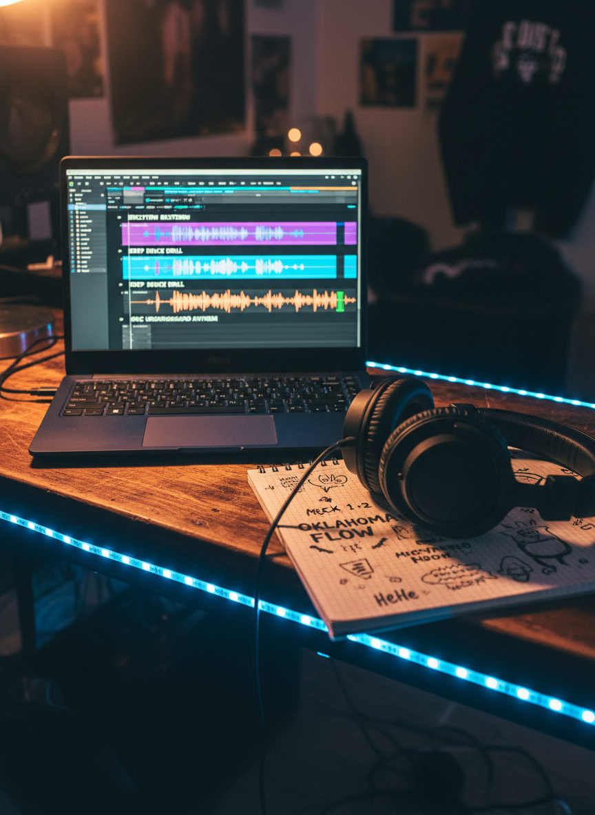 A midnight-blue laptop open on a scratched wooden desk, its screen displaying colorful audio waveforms and stacked tracks in a digital audio workstation labeled with song titles referencing Oklahoma City neighborhoods. Next to it, a pair of chunky matte-black studio headphones rests over a spiral notebook filled with messy, bold handwritten lyrics and doodled “HeHe” tags. Neon-blue LED strip lights run along the desk edge, casting a cool glow that contrasts with a warm desk lamp off-frame, creating dynamic highlights and reflections. Captured from a slightly elevated angle in photographic realism, with a shallow depth of field and soft bokeh in the background, the shot feels playful, late-night, and creatively chaotic, like an aspiring rapper’s home studio corner.