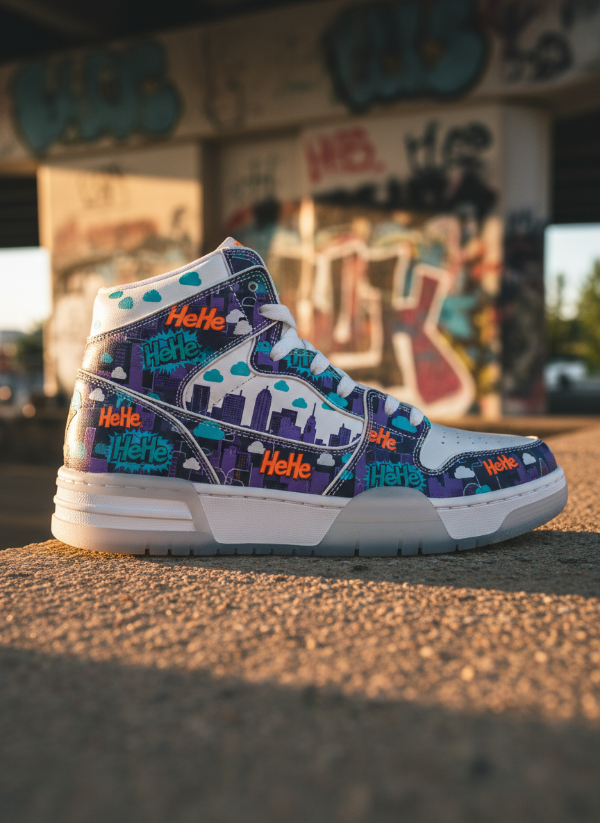 A closeup of a custom-made, high-top sneaker resting on a concrete ledge, its design featuring a vibrant collage of Oklahoma City skyline silhouettes, tiny thundercloud motifs, and comic-style “HeHe” speech bubbles in electric teal and neon orange. The leather has a subtle sheen, with visible stitching and a thick, icy translucent sole that catches light. In the blurred background, an urban overpass wall is covered in mild, colorful graffiti, hinting at a rap-friendly hangout spot. Soft golden hour sunlight rakes across the scene, creating long shadows and warm highlights on the sneaker textures. Shot from a low-angle perspective in photographic realism, the mood is playful, bold, and proud of the local rap scene.